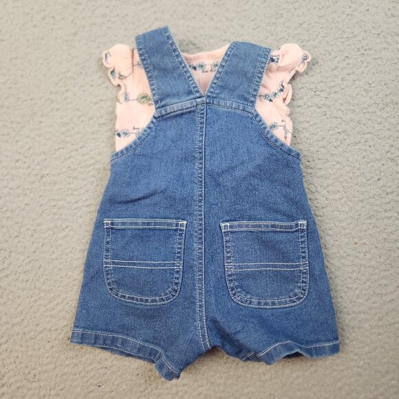 Carhartt Bib-Overall Shorts with Pink Top Girl's Size 6 Month Blue Denim Ruffles - Picture 2 of 7